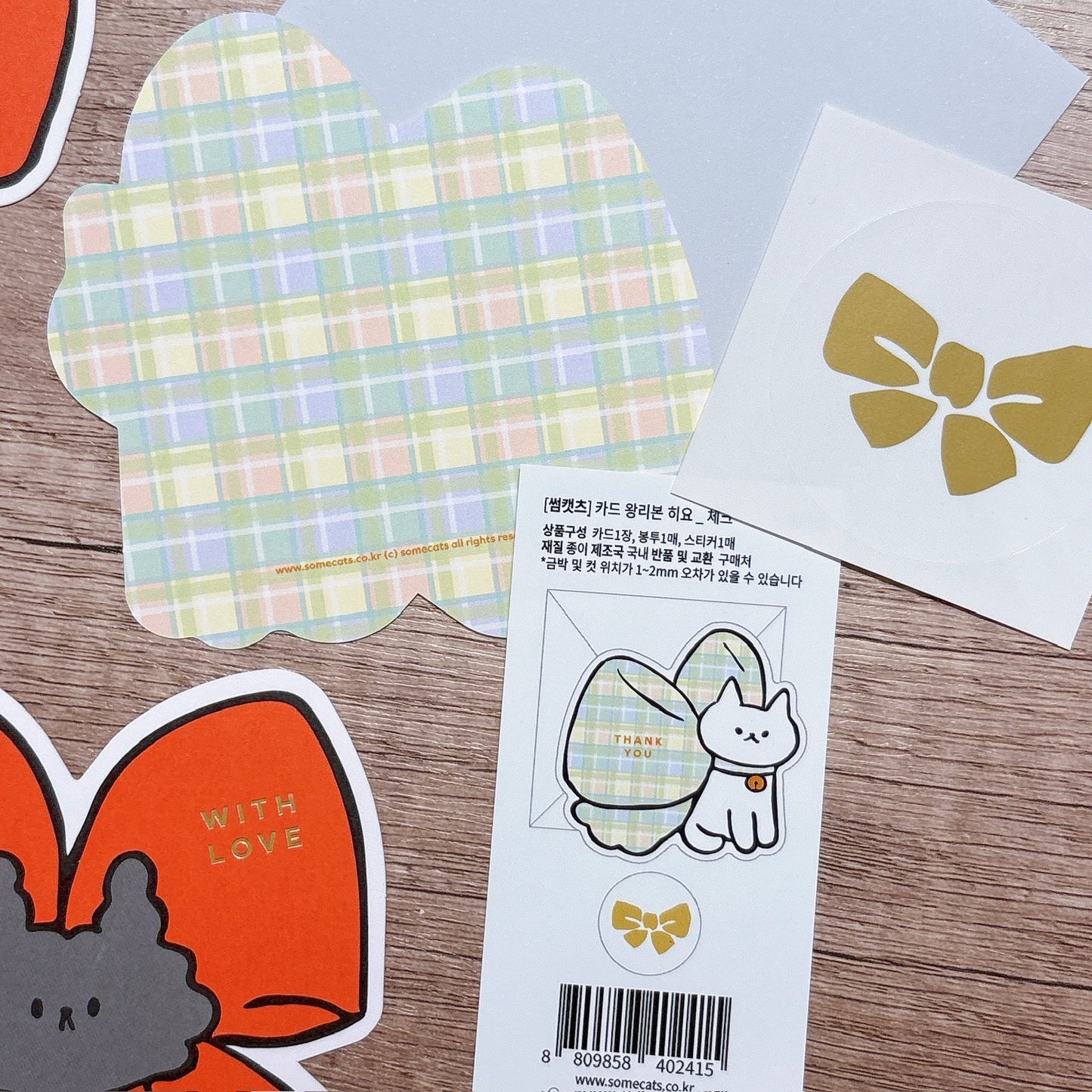 韓國插畫家썸켓츠 心意卡系列 - 格仔蝴蝶結🎀的貓咪 - Thank You