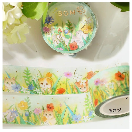 日本BGM 森之貓咪熨金和紙紙膠帶 - 花叢中的貓貓們