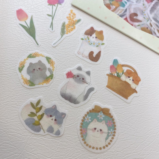 日本Papier Platz 和紙熨金貼紙包 — 花與小貓