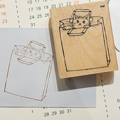 日本 I love Stamp 木製框框印章 - 紙袋貓咪