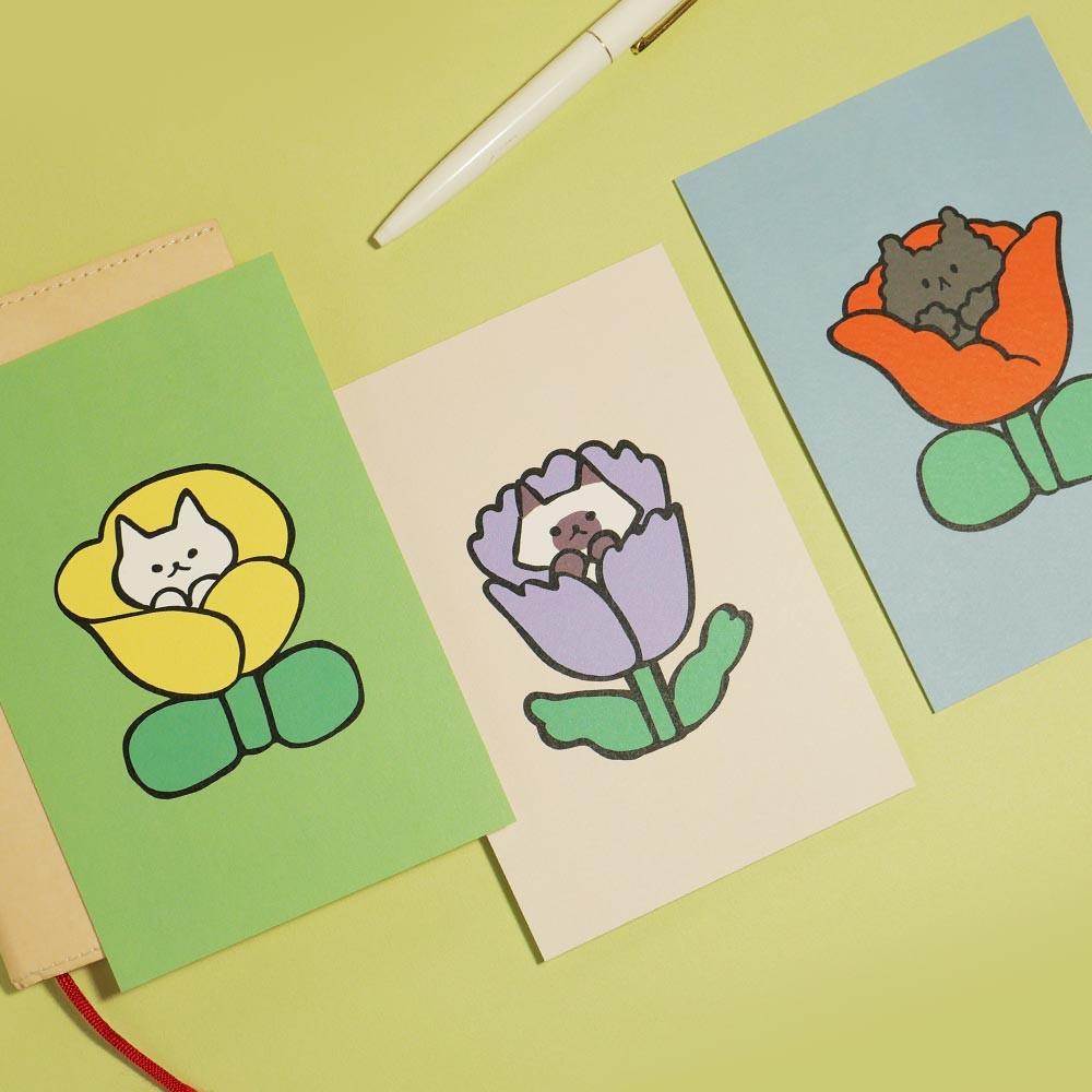 韓國插畫師썸캣츠可愛貓咪 Message Card - 紅花中的小貓