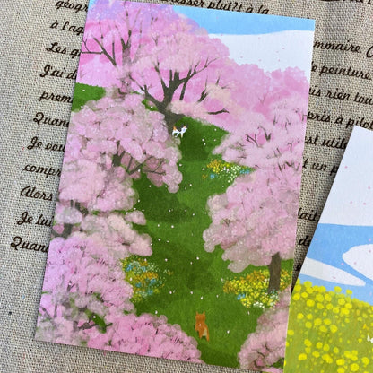 日系插畫 Creald Postcard系列 - 櫻花樹下的貓