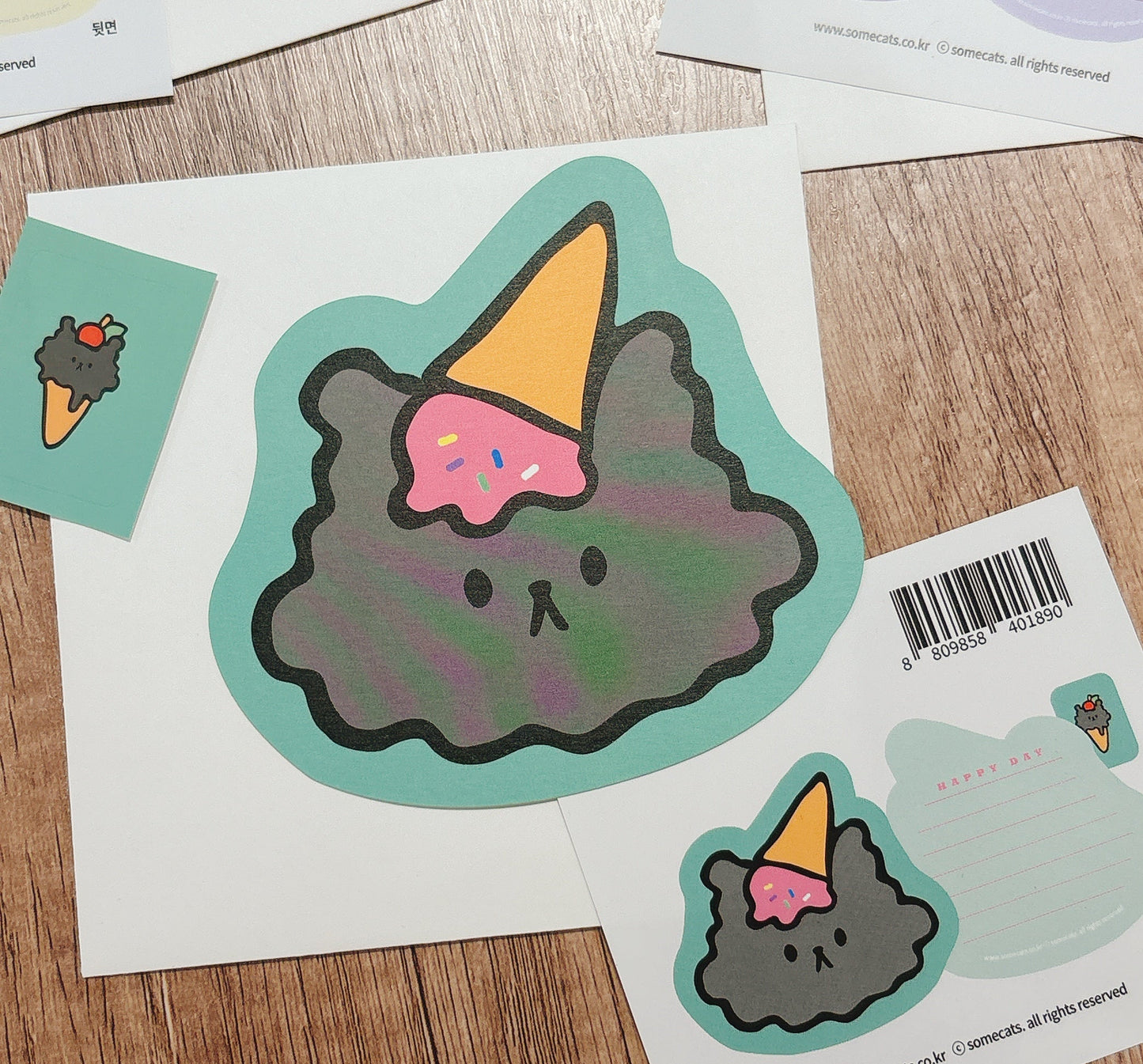 韓國插畫家썸켓츠心意卡系列 - 士多啤梨雪糕🍦灰貓咪