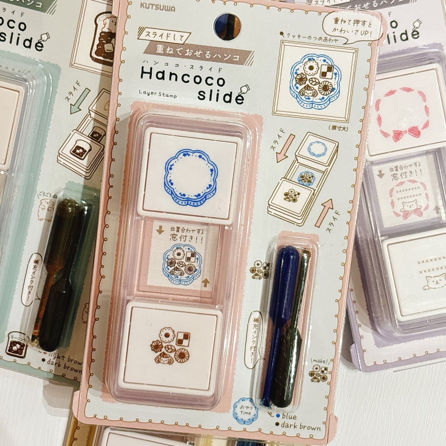 內附補充墨水‼️日本Slide Stamp 向下推·向上推雙色印章 - 藍罐曲奇