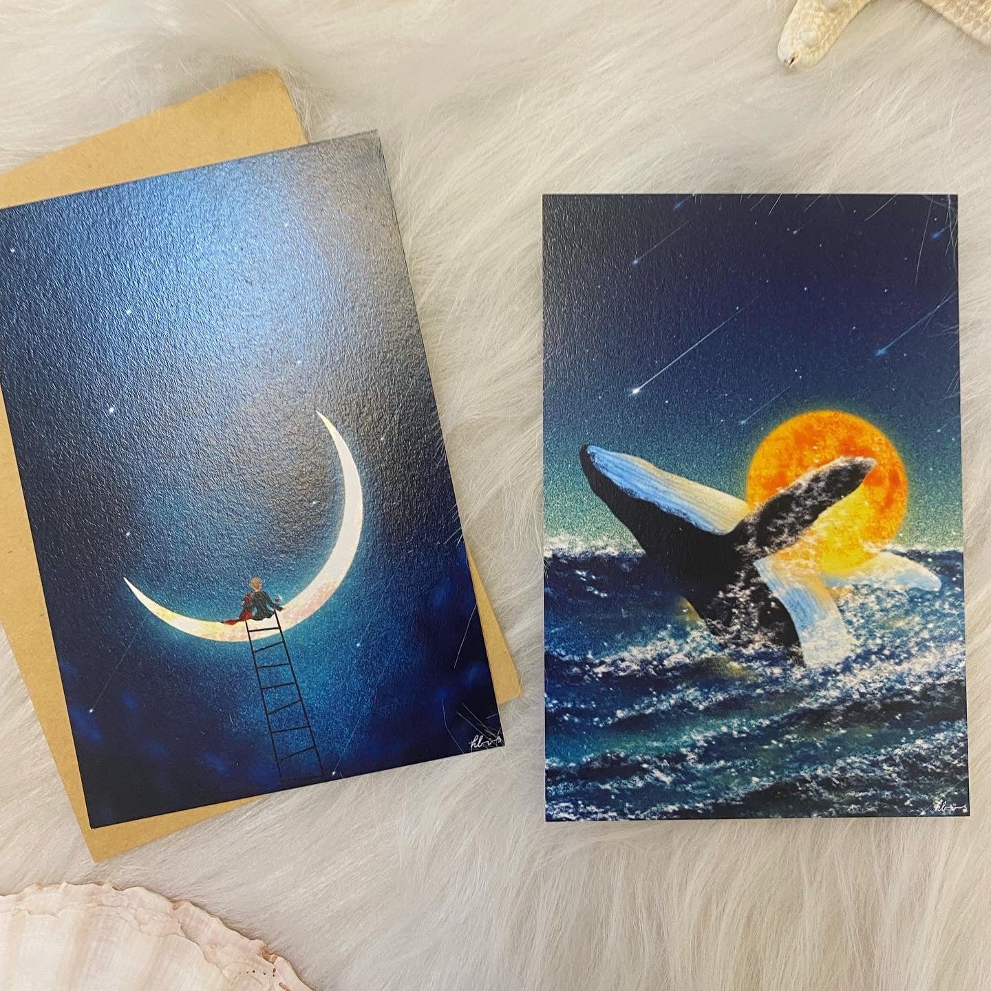 鯨魚的世界卡片系列 - 鯨魚 · 抱月 Moon Hugging  (illustrated by Korean Artist Hanabi )