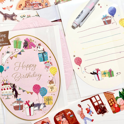 可愛動物金箔熨壓橢圓形心意卡 - 貓咪的happy birthday