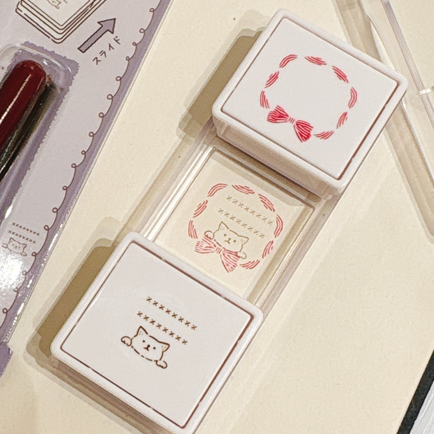 內附補充墨水‼️日本 Slide Stamp 向下推·向上推雙色印章 - 絲帶貓貓
