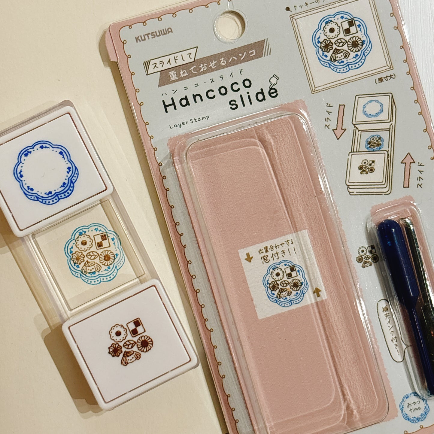 內附補充墨水‼️日本Slide Stamp 向下推·向上推雙色印章 - 藍罐曲奇