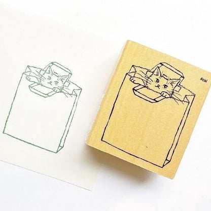 日本 I love Stamp 木製框框印章 - 紙袋貓咪