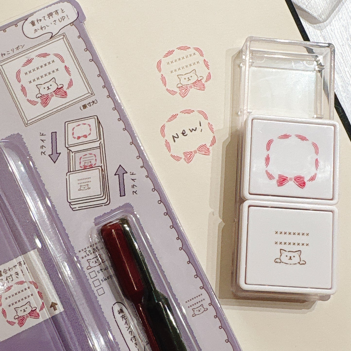 內附補充墨水‼️日本 Slide Stamp 向下推·向上推雙色印章 - 絲帶貓貓