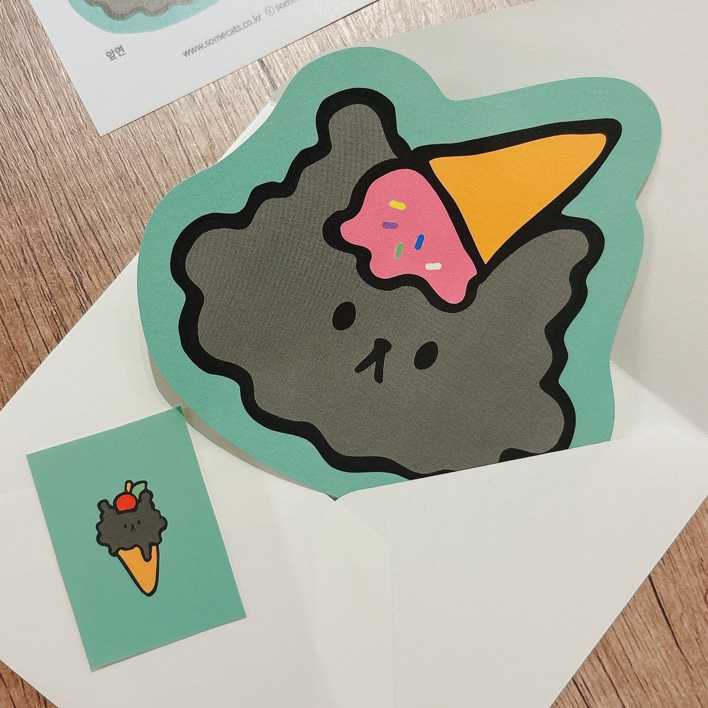 韓國插畫家썸켓츠心意卡系列 - 士多啤梨雪糕🍦灰貓咪