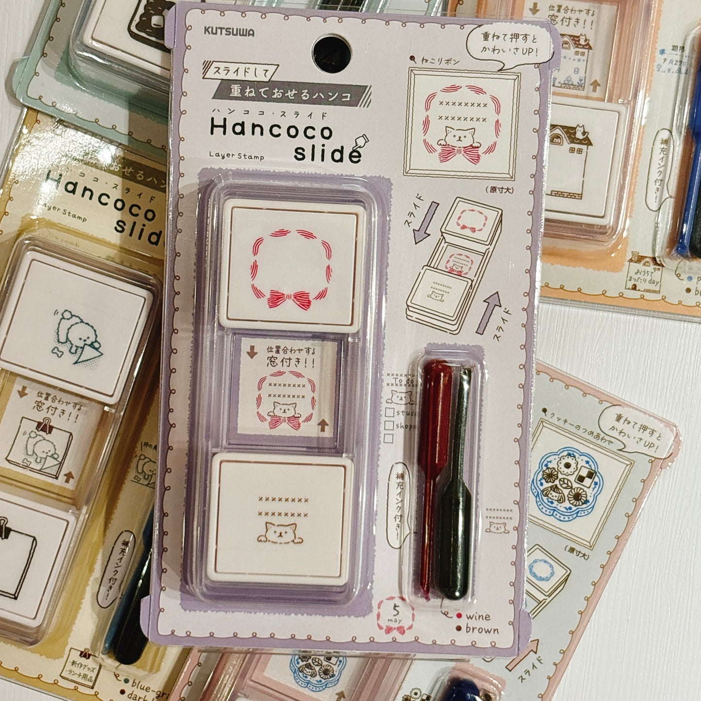 內附補充墨水‼️日本 Slide Stamp 向下推·向上推雙色印章 - 絲帶貓貓