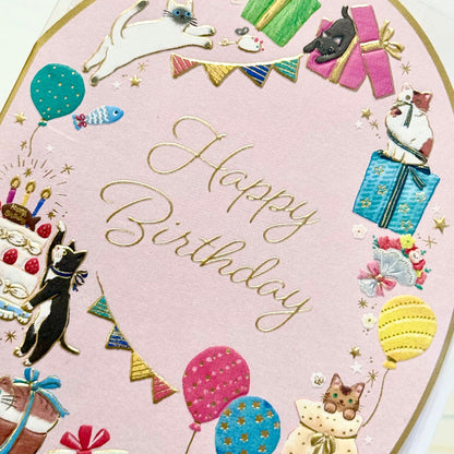 可愛動物金箔熨壓橢圓形心意卡 - 貓咪的happy birthday