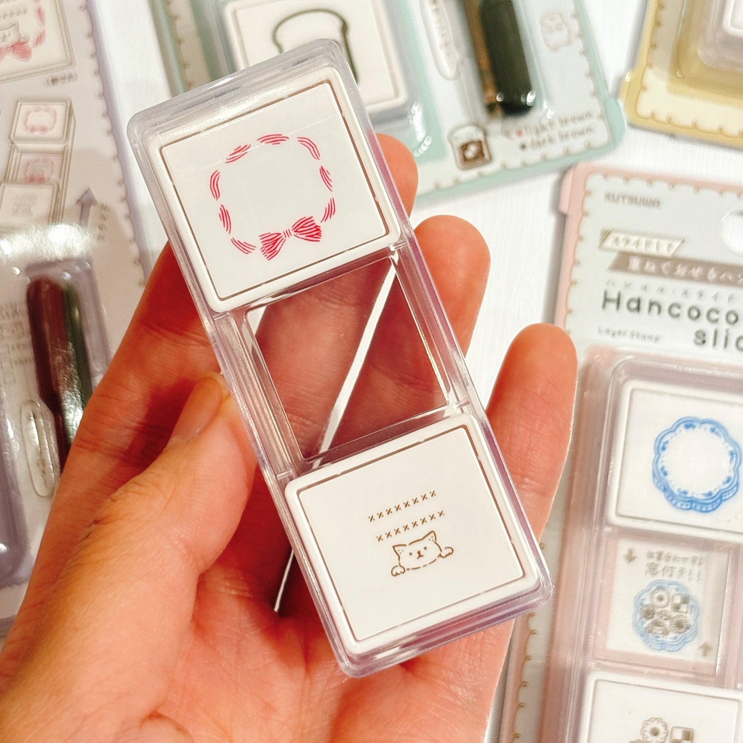 內附補充墨水‼️日本 Slide Stamp 向下推·向上推雙色印章 - 絲帶貓貓