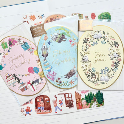 可愛動物金箔熨壓橢圓形心意卡 - 貓咪的happy birthday