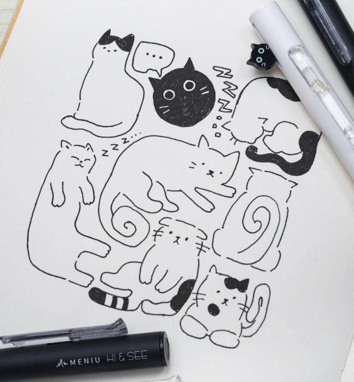 韓國OVAL 黑白貓貓Hi and Seek 系列套裝筆 - 一盒兩枝