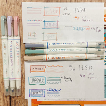 韓國 Double Line 雙頭柔和色系螢光筆套裝 (一套3枝）