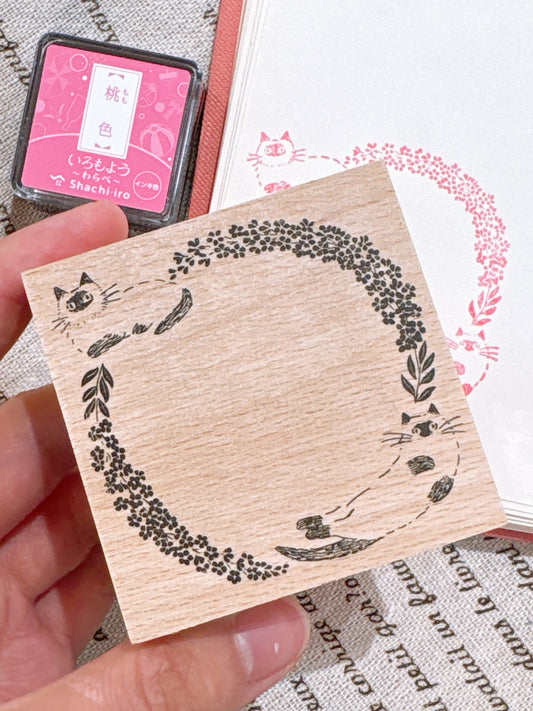 日本 I love Stamp 木製框框印章 - 貓咪花圈