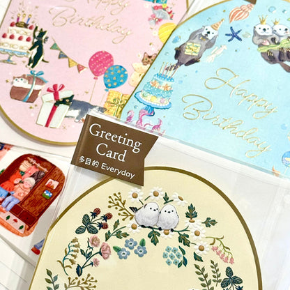 可愛動物金箔熨壓橢圓形心意卡 - 雪鳥的happy birthday