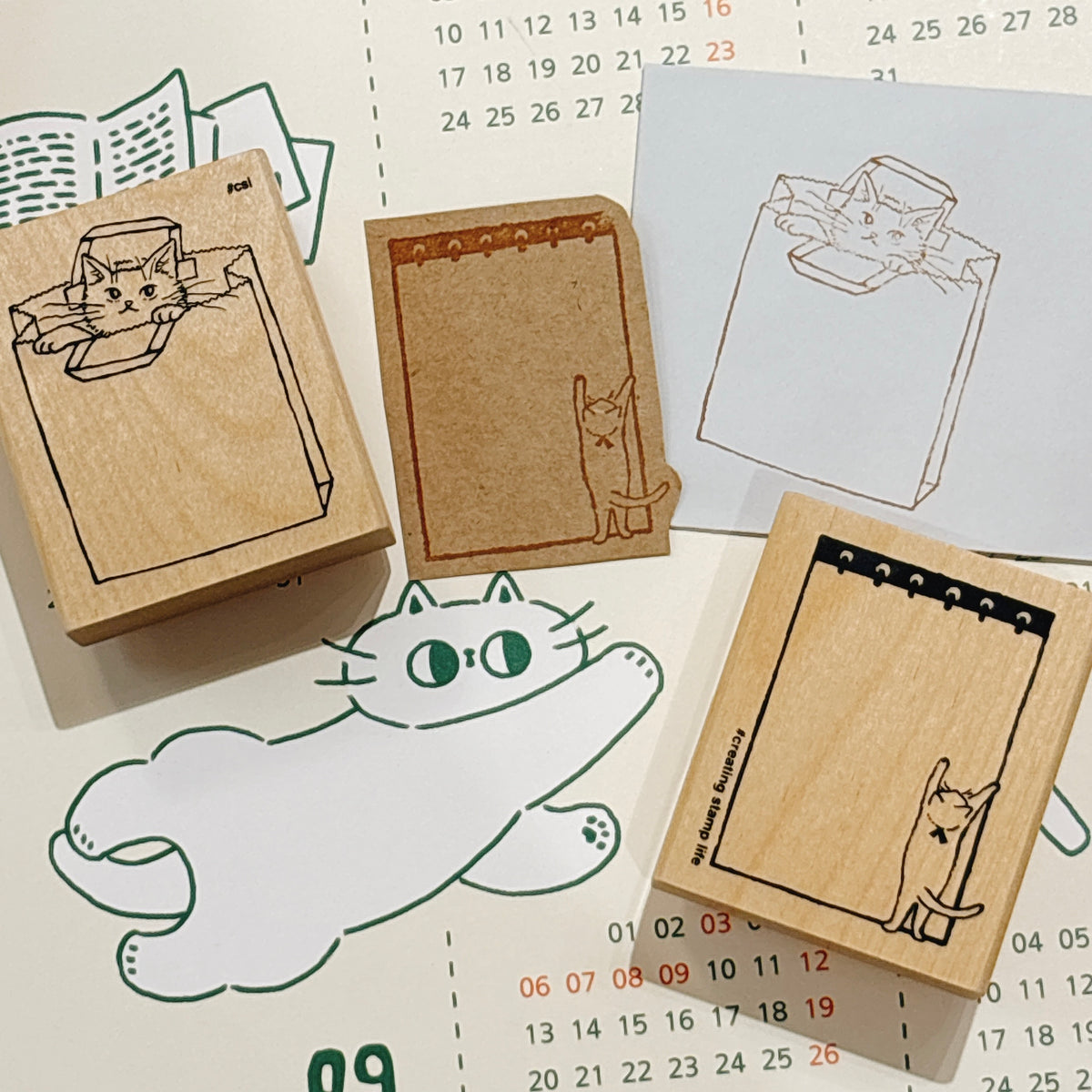 日本 I love Stamp 木製框框印章 - 紙袋貓咪