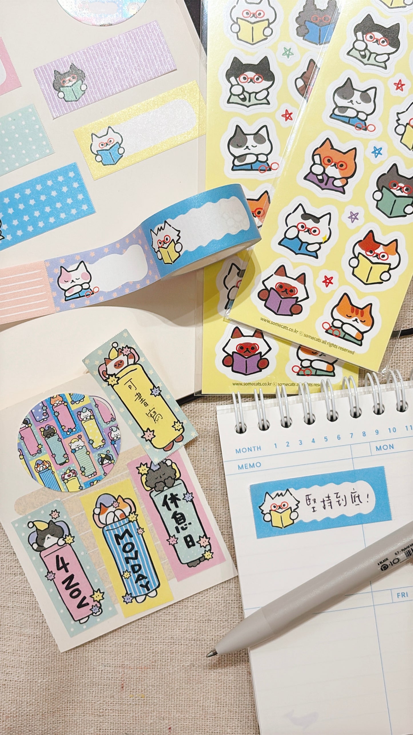 韓國插畫家썸켓츠 紙質可書寫卷裝 Label 貼 - 貓咪！我是學霸