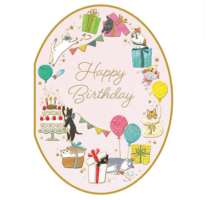 可愛動物金箔熨壓橢圓形心意卡 - 貓咪的happy birthday