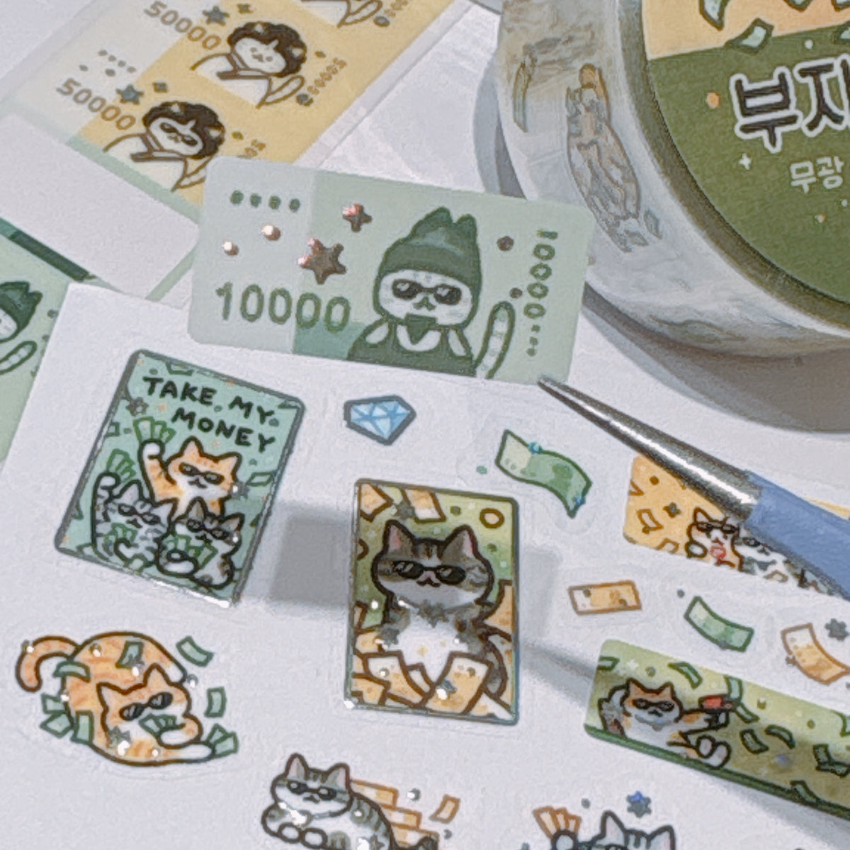 韓國 Doehye Drawing 暴富貓咪卷裝貼紙